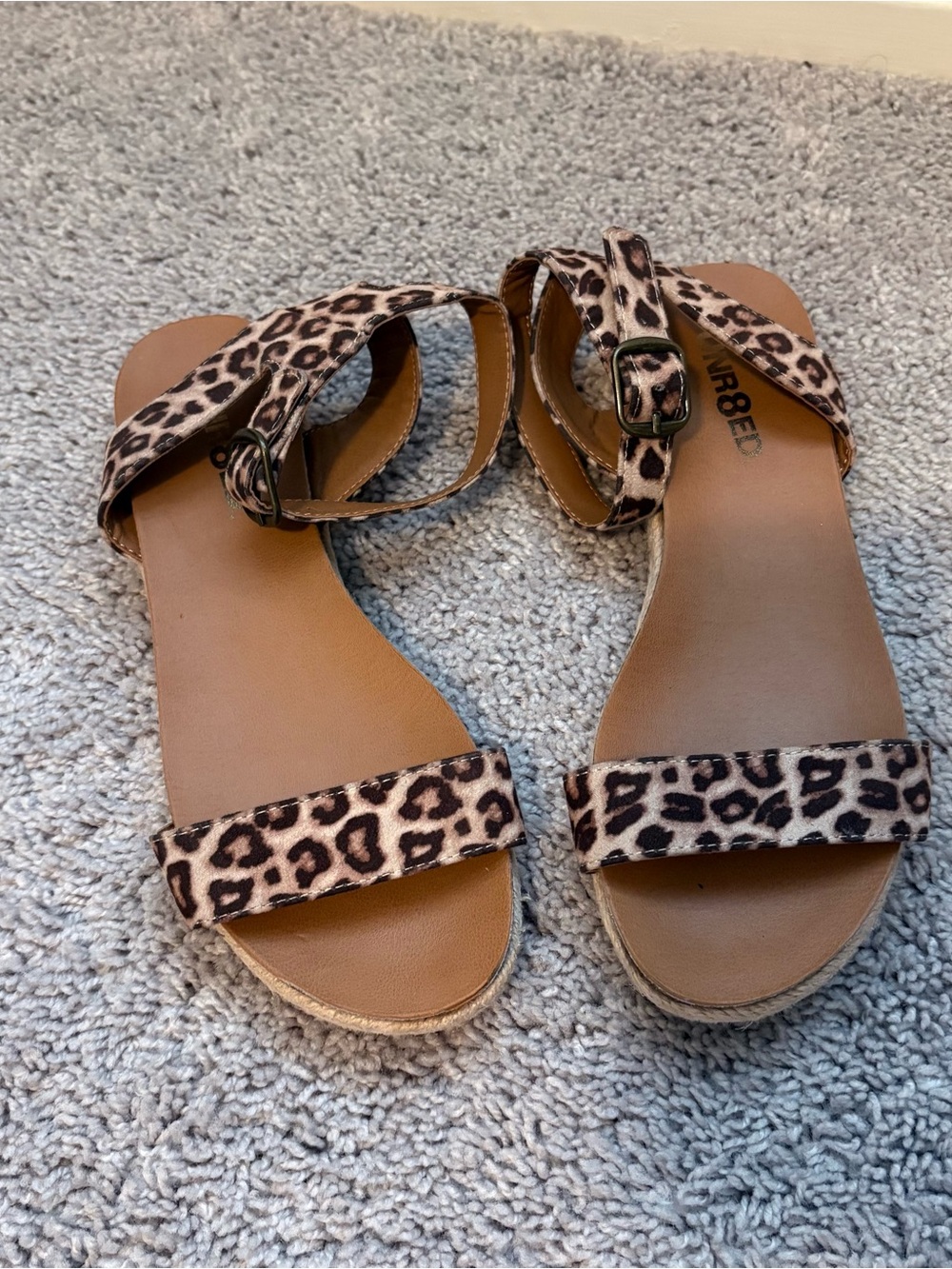 Leopard Print Ankle-Strap Sandals - Women's Brown/Beige Casual Flats